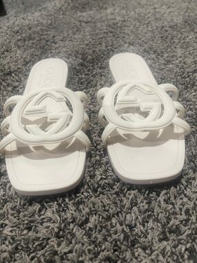 Gucci White Interlocking GG Slide Mules
